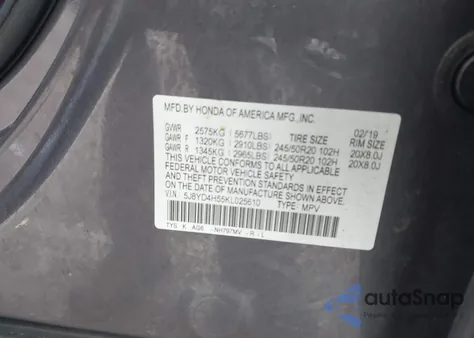 2019 Acura Mdx Tech Pkg from USA, damaged, VIN 5J8YD4H55KL025610